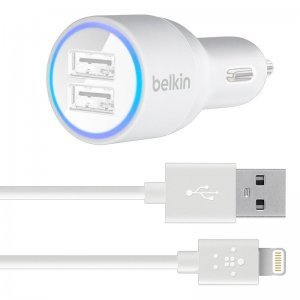 Автомобильное зарядное устройство Lightning - Belkin DUAL USB MicroCharger 12V белое