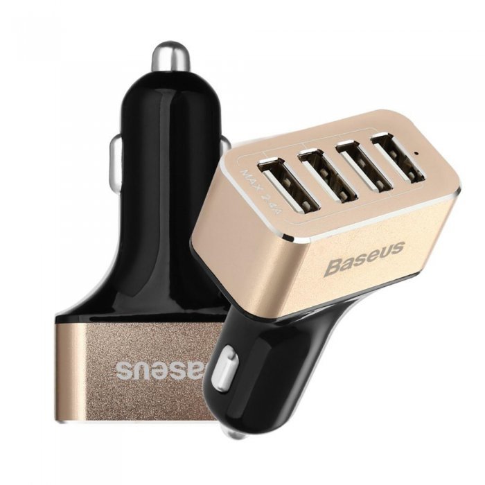 Автомобільний зарядний пристрій Baseus Smart voyage 4 USB, 9.6 Amp, чорний + золотистий