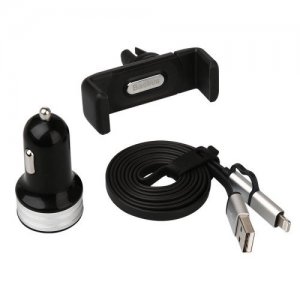 Комплект авто зарядка + держатель + Lightning/Micro-USB кабель Baseus черный