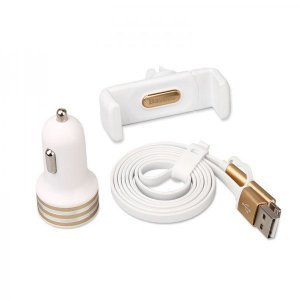Комплект авто зарядка + держатель + Lightning/Micro-USB кабель Baseus белый