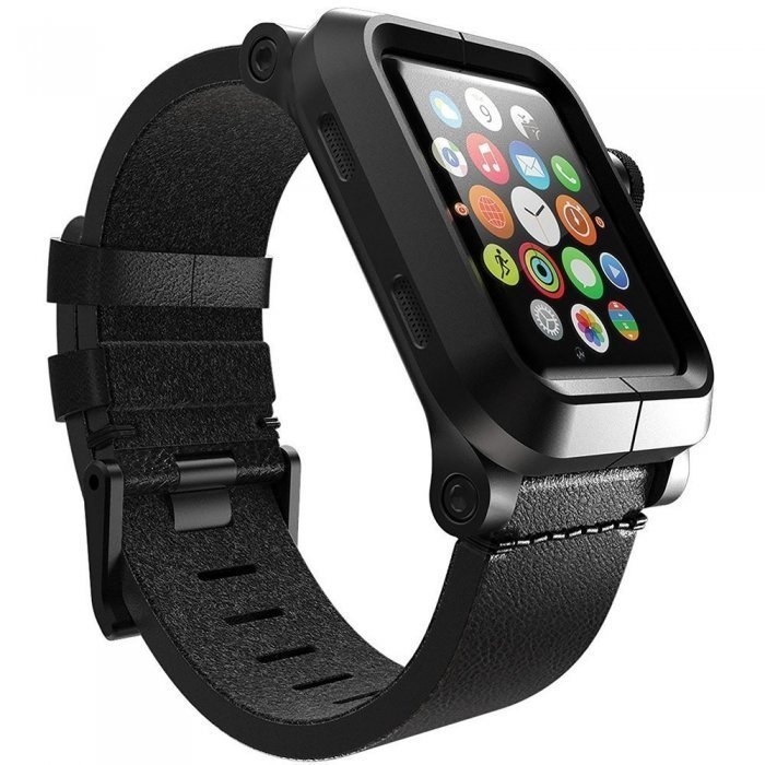 Чехол-ремешок для Apple Watch - LunaTik EPIK 2 черный поликарбонат + черный кожаный ремешок Чехол-ремешок для Apple Watch - LunaTik EPIK 2 черный поликарбонат + черный кожаный ремешок
