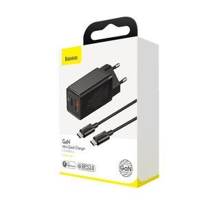 Сетевое ЗУ Baseus GaN Mini Quick Charger C+U 45W черное + кабель Type-C to Type-C 60W (20V/3A/1m) в комплекте (CCGAN-Q01)