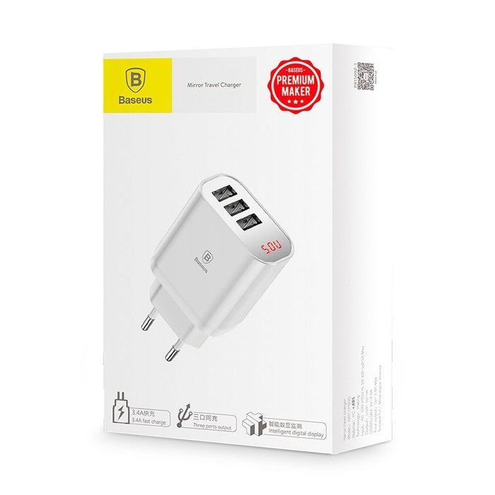 Сетевое зарядное устройство Baseus Mirror Lake Intelligent Digital Display 3USB Travel Charger 3.4A белый Сетевое зарядное устройство Baseus Mirror Lake Intelligent Digital Display 3USB Travel Charger 3.4A белый