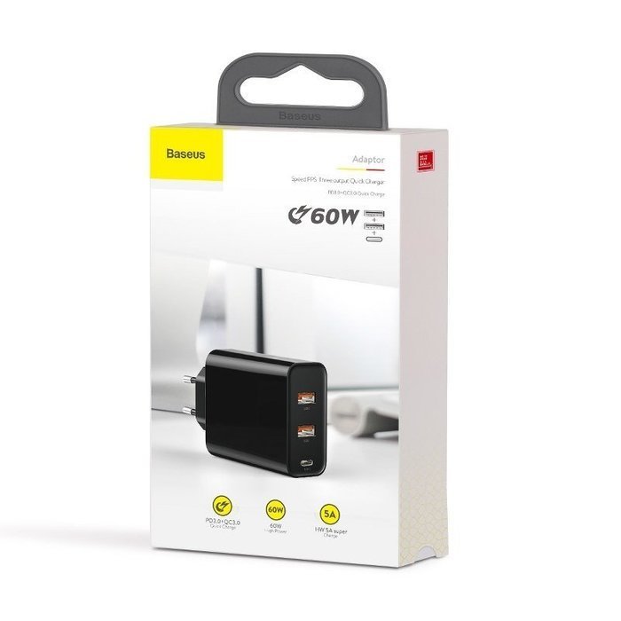 Сетевое зарядное устройство Baseus PPS Three Output Quick Charger (C+U+U) 60W черное Сетевое зарядное устройство Baseus PPS Three Output Quick Charger (C+U+U) 60W черное