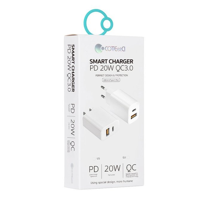 Сетевое зарядное устройство COTEetCI Smart Charger PD 20W QC3.0 (USB-A&Type-C) белое Сетевое зарядное устройство COTEetCI Smart Charger PD 20W QC3.0 (USB-A&Type-C) белое
