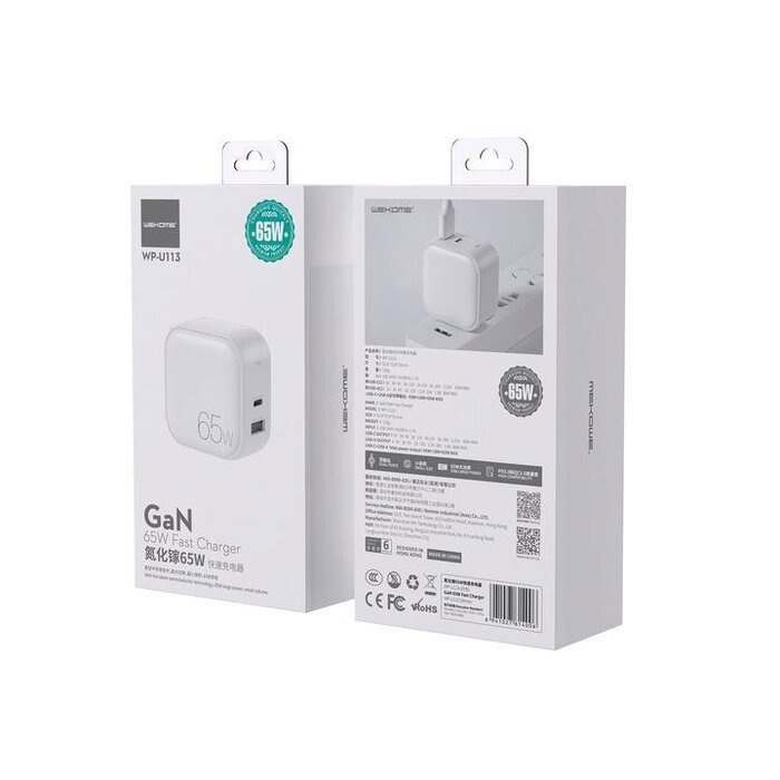 Сетевое зарядное устройство WK Design Charger 65W GaN (WP-U113-WH) белое Сетевое зарядное устройство WK Design Charger 65W GaN (WP-U113-WH) белое