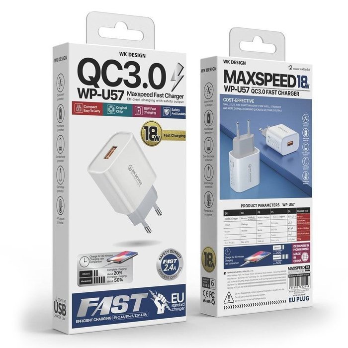 Сетевое ЗУ WK Design Maxspeed QC 3.0 18W белое Сетевое ЗУ WK Design Maxspeed QC 3.0 18W белое