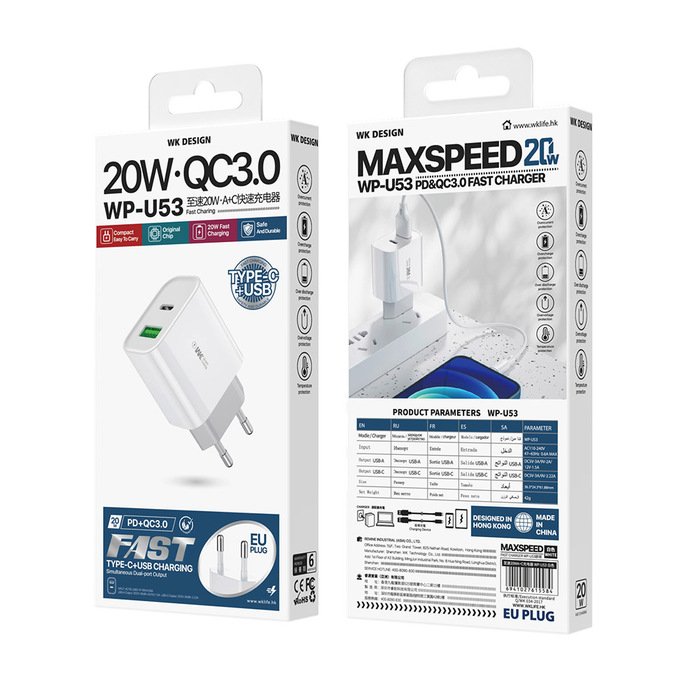Мережевий зарядний пристрій WK Design Maxspeed QC 3.0 + PD 20W Charger (WP-U53-WH) білий Мережевий зарядний пристрій WK Design Maxspeed QC 3.0 + PD 20W Charger (WP-U53-WH) білий
